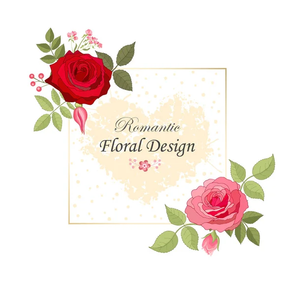 玫瑰精致的卡片 Doodle 正方形的框架上有一束漂亮的粉红色花朵和叶子 花的组成 婚礼的邀请函 生日背景 矢量说明 — 图库矢量图片