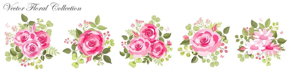 Fleurs Vintage Sur Fond Blanc Rose Élégante Carte Beau Bouquet — Image vectorielle