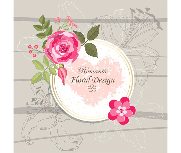 Rose Elegant Card Doodle Frame Beautiful Bouquet Pink Flowers Leaves — Stock Vector