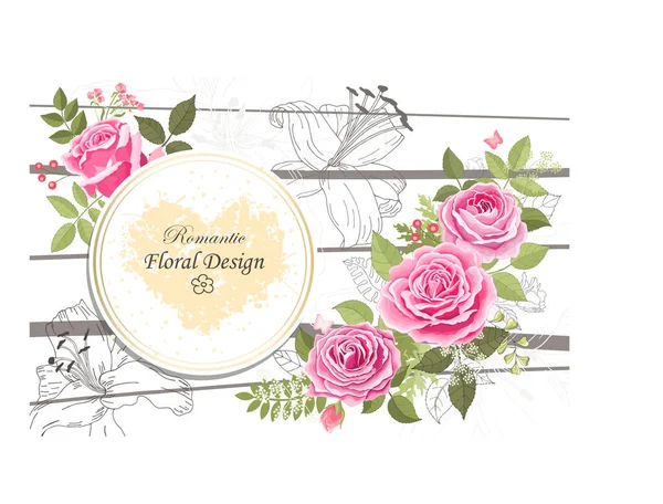 Rose Élégante Carte Doodle Cadre Rond Avec Beau Bouquet Fleurs — Image vectorielle
