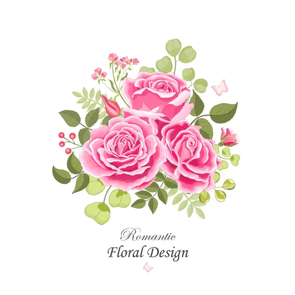 빈티지 꽃들이 놓인다 장미우아 분홍색 잎으로 아름다운 꽃다발 디자인 인사말 — 스톡 벡터