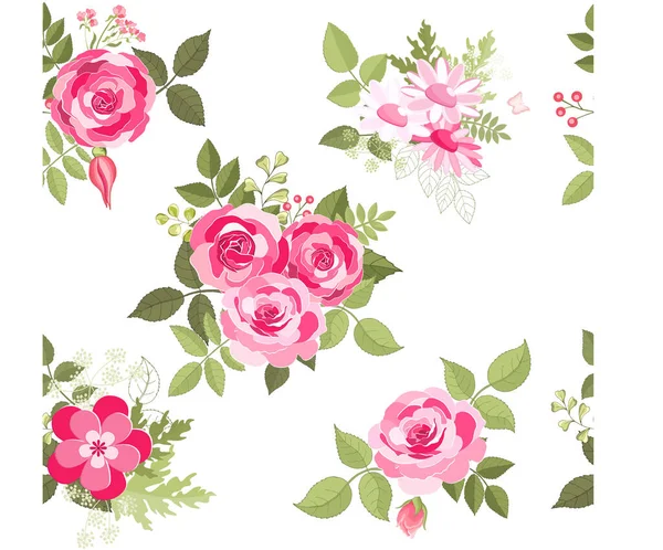Pembe güllerle kusursuz desen. Çiçek arkaplanı. Tasarımınız için sonsuz doku, tebrik kartları, duyurular, posterler. Tekstil baskısı ve duvar kağıdı için doğal vektör çizimi. Kırmızı. 