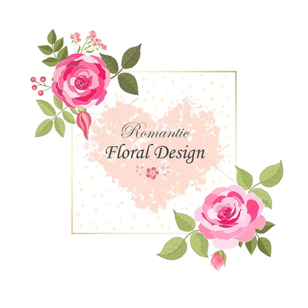 Rose Elegant Card Doodle Square Frame Beautiful Bouquet Pink Flowers — Stock Vector