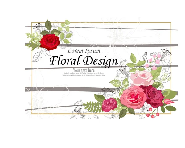 Tarjeta Elegante Rosa Doodle Marco Cuadrado Con Hermoso Ramo Flores — Vector de stock