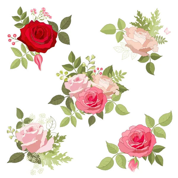 古色古香的花朵点缀在白色的背景上 玫瑰精致的卡片 美丽的粉红色花朵和树叶的花束 设计贺卡和婚宴请柬 矢量图解 — 图库矢量图片