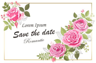 Gül zarif kartı. Karalama. Güzel bir buket pembe çiçek ve yapraklı kare çerçeve. Kalp. Çiçek kompozisyonu. - Lily. Düğün davetiyesi, doğum günü. Geçmişi. Vektör illüstrasyonu.