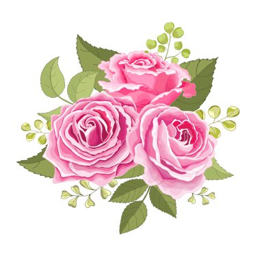 Beyaz arka plan üzerine kurulmuş klasik çiçekler. Gül zarif kartı. Güzel bir buket pembe çiçek ve yapraklar. Tebrik kartı ve düğün davetiyesi, doğum günü. Vektör çizimi. Kırmızı. 