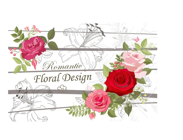 Fleurs Vintage Sur Fond Blanc Rose Élégante Carte Beau Bouquet — Image vectorielle