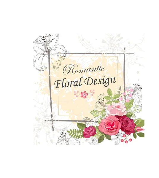 Rosa Cartão Elegante Doodle Quadro Quadrado Com Belo Buquê Flores —  Vetores de Stock