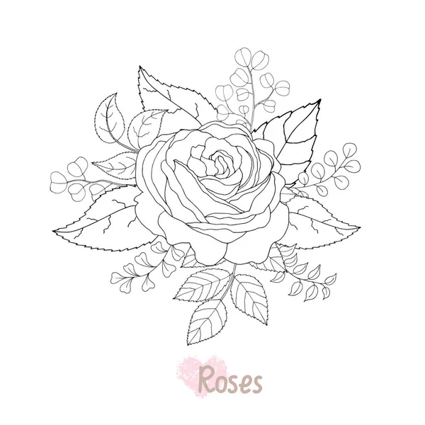 Piękna Czarno Biała Róża Liście Kwiatowa Kompozycja Odizolowana Tle Zaprojektuj — Wektor stockowy