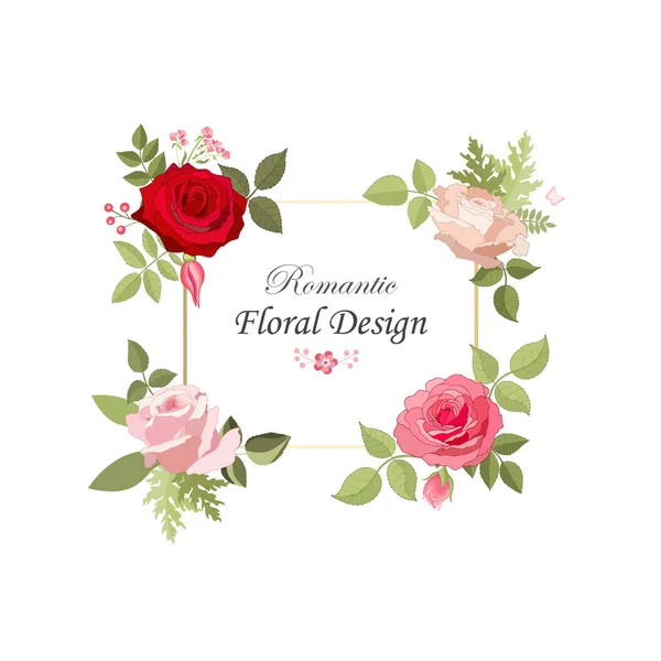Rose Élégante Carte Doodle Cadre Carré Avec Beau Bouquet Fleurs — Image vectorielle