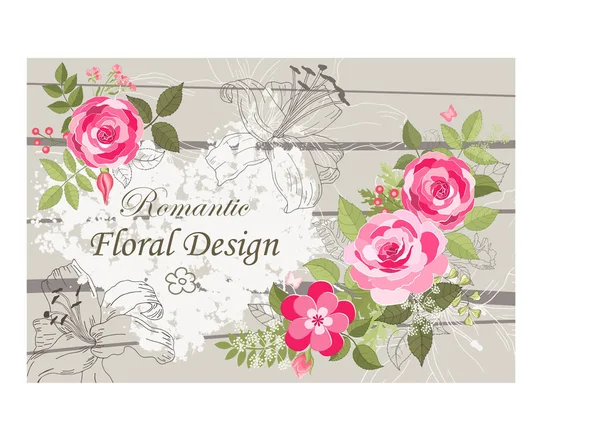 バラのエレガントなカード バカめ ピンクの花や葉の美しい花束と正方形のフレーム 心臓だ 花の構成 リリー 結婚式の招待状誕生日 ベクターイラスト — ストックベクタ