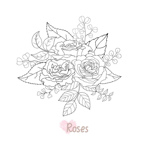 Hermosa Rosa Hojas Blanco Negro Arreglo Floral Aislado Sobre Fondo — Vector de stock