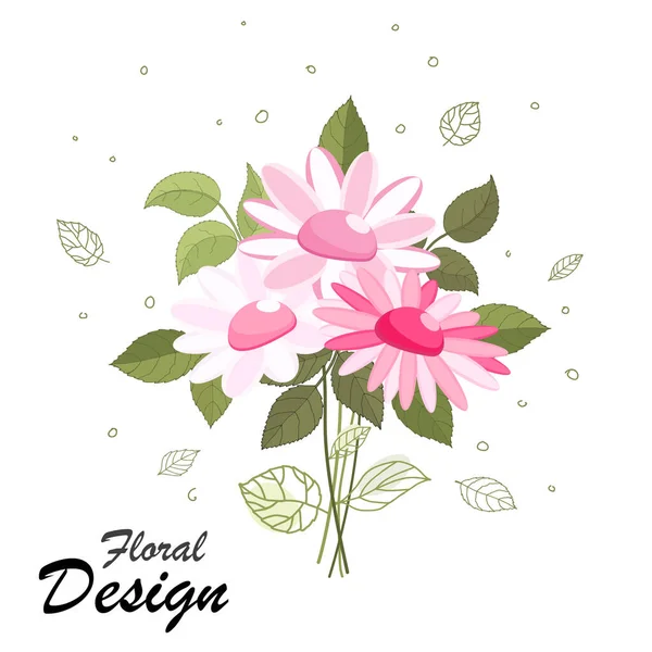 Camomila Cartão Elegante Belo Buquê Flores Folhas Cor Rosa Arranjo —  Vetores de Stock