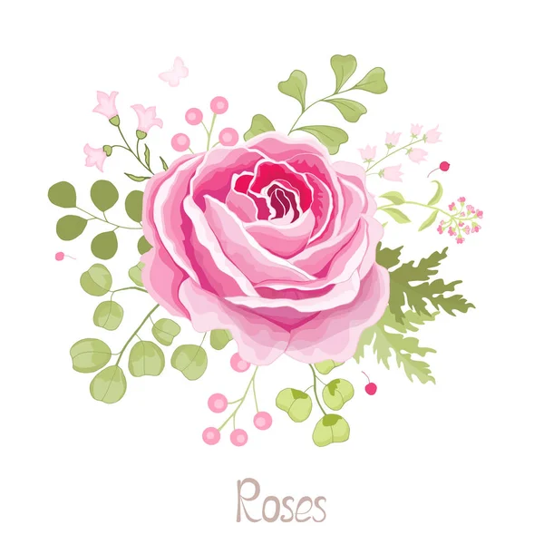 빈티지 꽃들이 놓인다 장미우아 분홍색 잎으로 아름다운 꽃다발 디자인 인사말 — 스톡 벡터