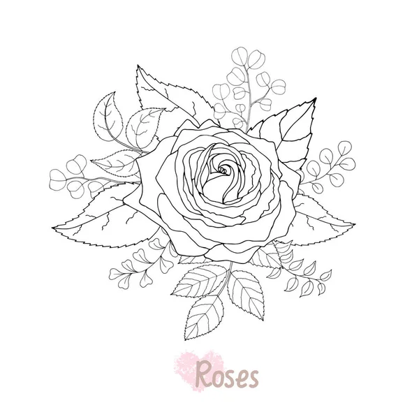 Hermosa Rosa Hojas Blanco Negro Arreglo Floral Aislado Sobre Fondo — Vector de stock
