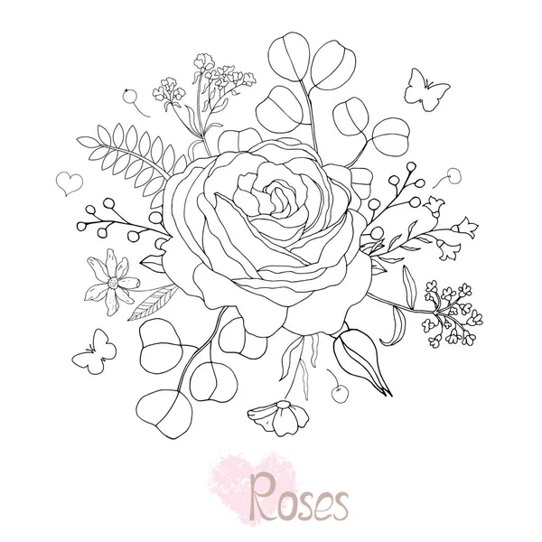 美しい黒と白のバラと葉 背景に孤立した花序 結婚式 誕生日 休日のデザイングリーティングカードと招待状 ベクターイラスト — ストックベクタ