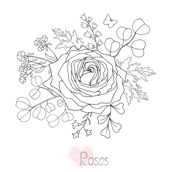美しい黒と白のバラと葉 背景に孤立した花序 結婚式 誕生日 休日のデザイングリーティングカードと招待状 ベクターイラスト — ストックベクタ
