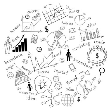 İş kavramı. Siyah bir arkaplanda, el çizimi çok renkli grafikler ve çizelgeler. Karalama. El yazısı. Vektör illüstrasyonu.