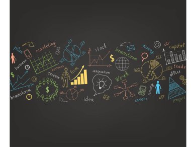 İş kavramı. Siyah bir arkaplanda, el çizimi çok renkli grafikler ve çizelgeler. Karalama. El yazısı. Vektör illüstrasyonu.