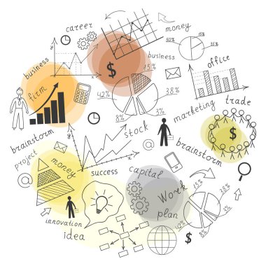 İş kavramı. Siyah bir arkaplanda, el çizimi çok renkli grafikler ve çizelgeler. Karalama. El yazısı. Vektör illüstrasyonu.