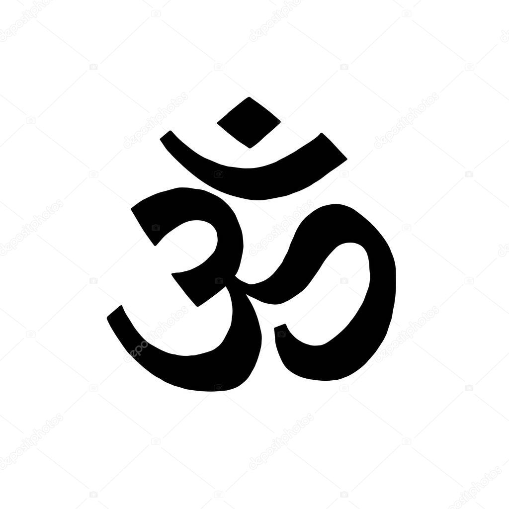 Om or Aum Indian sacred sound. The symbol of the divine triad of Brahma, Vishnu and Shiva. The sign of the ancient mantra. Om symbol sign on white background.