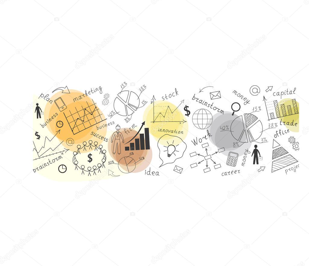 The business concept. On a black background, hand-drawn multicolored graphs and charts. Doodle. Handwriting. Vector illustration.