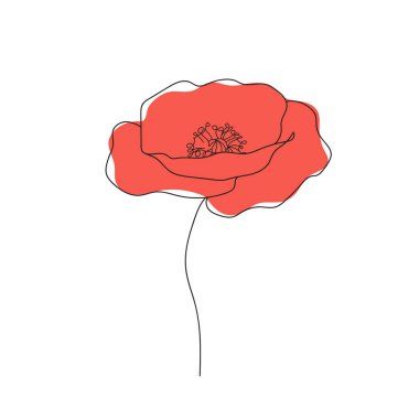 Gelincikler sürekli çizgi çizerler. Soyut asgari haşhaş. - Kırmızı. Düzenlenebilir vektör çizgisi. Haşhaş çiçeği ikonu, logo, etiket. Siyah beyaz karalamalar. Görüntü. 