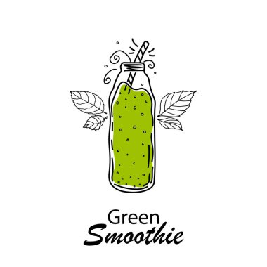 Smoothie ya da Detox kokteyl günü posteri. Smoothie ya da detoks içeceği için el yapımı malzemeler şişeye. Sağlıklı yiyecekler. Vektör çizimi. Poster, afiş, fiş için harika.. 