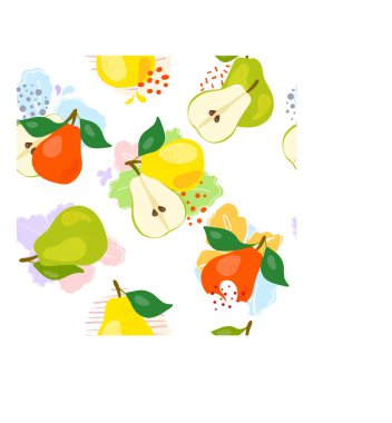 Taze yeşil, bütün ve yarım armut, yapraklar, meyveler, meyve suyu, sıçrama, soyut bir arka planda sulu sprey. Karalama desensiz. Asgari düzeyde. Vektör el yazısı çizimi. El çizimi.. 