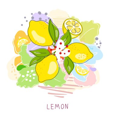 Limonun tamamı kesilmiş, dilimlenmiş, kesme yolu beyaz arka planda izole edilmiş. Hazır ol. Çiçekli taze meyveler ve yeşil yapraklar. Citrus. Asgari düzeyde. Doodle Black hattı. Vektör illüstrasyonu