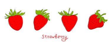 Taze çilekler, kırmızı böğürtlenler, yapraklar, meyveler, meyve suyu, su sıçratma, soyut bir arka planda sulu sprey. Doodle Minimal Style. El yazısının vektör illüstrasyonu. Elle çizilmiş. Vejetaryen yemeği. Pembe..