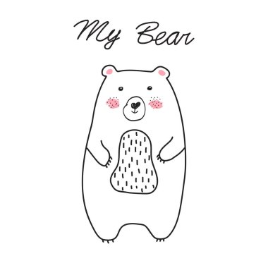 Tatlı ayı. Çizim tarzında güzel karikatür sevimli ayı. Bebek tasarımı. Basit İskandinav tarzı. Kartpostal, yıldönümü, doğum günü, bebek kitabı için mükemmel. El çizimi vektör çizimi. Minimalizm.