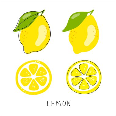 Limonun tamamı kesilmiş, dilimlenmiş, kesme yolu beyaz arka planda izole edilmiş. Hazır ol. Çiçekli taze meyveler ve yeşil yapraklar. Citrus. Asgari düzeyde. Doodle Black hattı. Vektör illüstrasyonu
