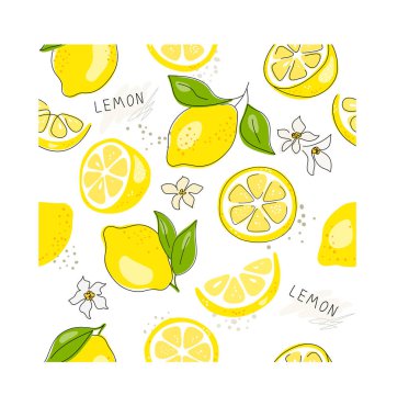 Taze sarı limon, yeşil yapraklı ve çiçekli limon meyveleri. Beyaz arka planda kusursuz turunçgil dokusu. Limon dilimi. Doodle Minimal Style. Siyah çizgi. Vektör çizimi. El yazısı.