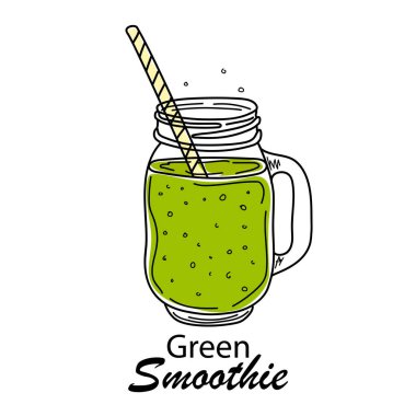 Smoothie ya da Detox kokteyl günü posteri. Smoothie ya da detoks içeceği için el yapımı malzemeler şişeye. Mason kavanozu. Sağlıklı yiyecekler. Vektör çizimi. Poster ve afiş için harika..