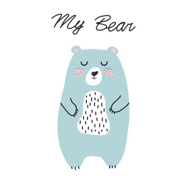 Tatlı ayı. Çizim tarzında güzel karikatür sevimli ayı. Bebek tasarımı. Basit İskandinav tarzı. Kartpostal, yıldönümü, doğum günü, bebek kitabı için mükemmel. El çizimi vektör çizimi. Minimalizm.