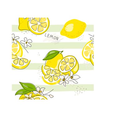 Taze sarı limon, yeşil yapraklı ve çiçekli limon meyveleri. Beyaz arka planda kusursuz turunçgil dokusu. Limon dilimi. Doodle Minimal Style. Siyah çizgi. Vektör çizimi. El yazısı.