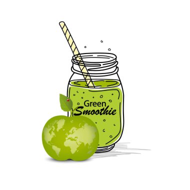 Smoothie ya da Detox kokteyl günü posteri. Smoothie ya da detoks içeceği için el yapımı malzemeler şişeye. Sağlıklı yiyecekler. Vektör çizimi. Dünya haritası elması. Poster için harika..