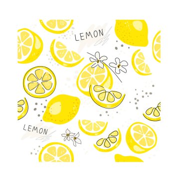 Taze sarı limon, yeşil yapraklı ve çiçekli limon meyveleri. Beyaz arka planda kusursuz turunçgil dokusu. Limon dilimi. Doodle Minimal Style. Siyah çizgi. Vektör çizimi. El yazısı.