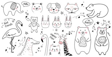 İskandinav tarzında çizgi film hayvanları. Robot resim. Karalama. En iyi arkadaşlar ayı, timsah, kedi, köpek, flamingo, tavşan, tişört baskısı için zürafa, tekstil, yama, çocuk ürünü, yastık, hediye. Vektör. 