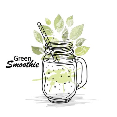 Smoothie ya da Detox kokteyl günü posteri. Smoothie ya da detoks içeceği için el yapımı malzemeler şişeye. Mason kavanozu. Sağlıklı yiyecekler. Vektör çizimi. Poster ve afiş için harika..