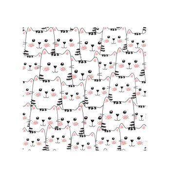 Şirin kedilerle kusursuz desen. Bir kedinin karalama çizimi. Çizgi film hayvanları arka planı. Kumaş, duvar kağıdı, ambalaj kağıdı, tekstil, yatak örtüsü, tişört baskısı için ideal. El çizimi vektör illüstrasyonu.