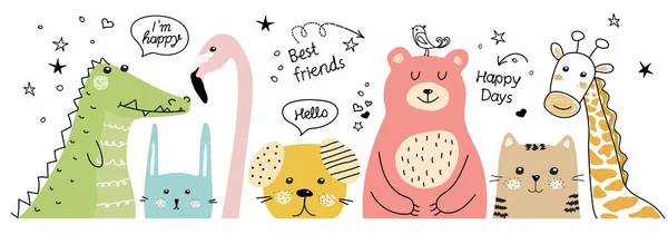 Animales Dibujos Animados Estilo Escandinavo Boceto Doodle Mejores Amigos Son — Vector de stock