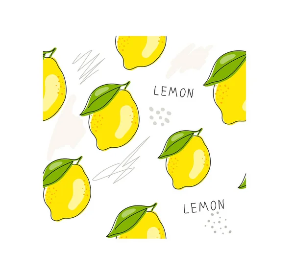 Taze sarı limon, yeşil yapraklı ve çiçekli limon meyveleri. Beyaz arka planda kusursuz turunçgil dokusu. Limon dilimi. Doodle Minimal Style. Siyah çizgi. Vektör çizimi. El yazısı.