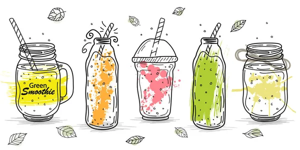 Smoothies Affiche Jour Cocktail Désintoxication Style Doodle Ensemble Ingrédients Dessinés — Image vectorielle