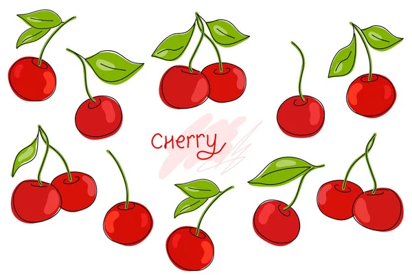 Cerises Fraîches Baies Rouges Fruits Feuilles Vertes Sur Fond Blanc — Image vectorielle
