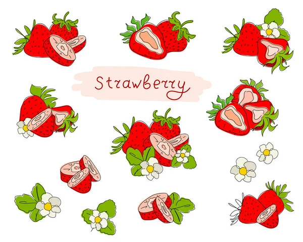 Frische Erdbeeren Rote Beeren Blätter Früchte Saft Spritzer Saftiges Spray — Stockvektor