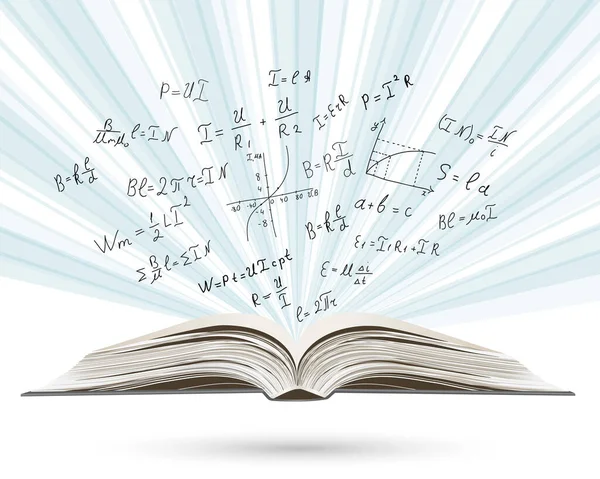 Matematiksel denklemler ve formüller açık kitapta. Eğitim. Beyaz arkaplanda el çizimi şemalar ve grafikler var. - Bilim. Karalama. Fizik. Vektör İllüstrasyonu. El yazısı. 