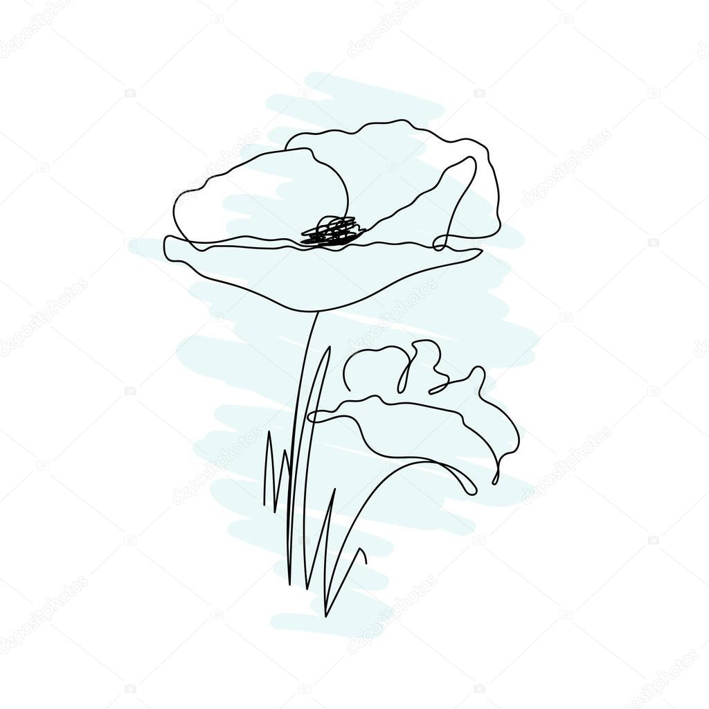 Poppies flower continuous line drawing. Abstract minimal poppy. Red. Editable vector line. Poppy flower icon, logo, label. Doodles in black and white. Illustration. 